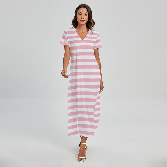 Pink And White Striped Pattern Print Short Sleeve Maxi Dress