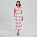 Pink And White Striped Pattern Print Short Sleeve Maxi Dress