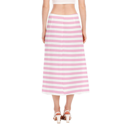 Pink And White Striped Pattern Print Side Slit Midi Skirt
