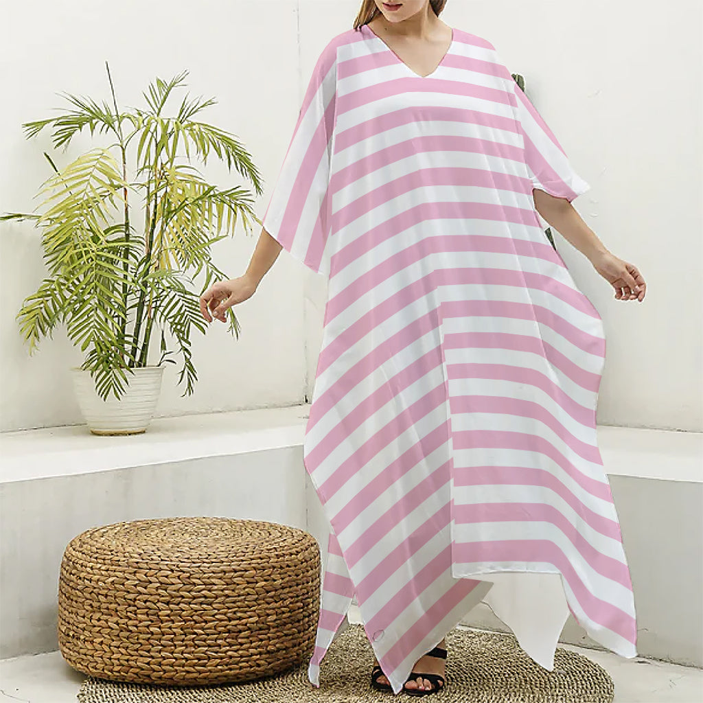 Pink And White Striped Pattern Print Silk V-Neck Kaftan Dress