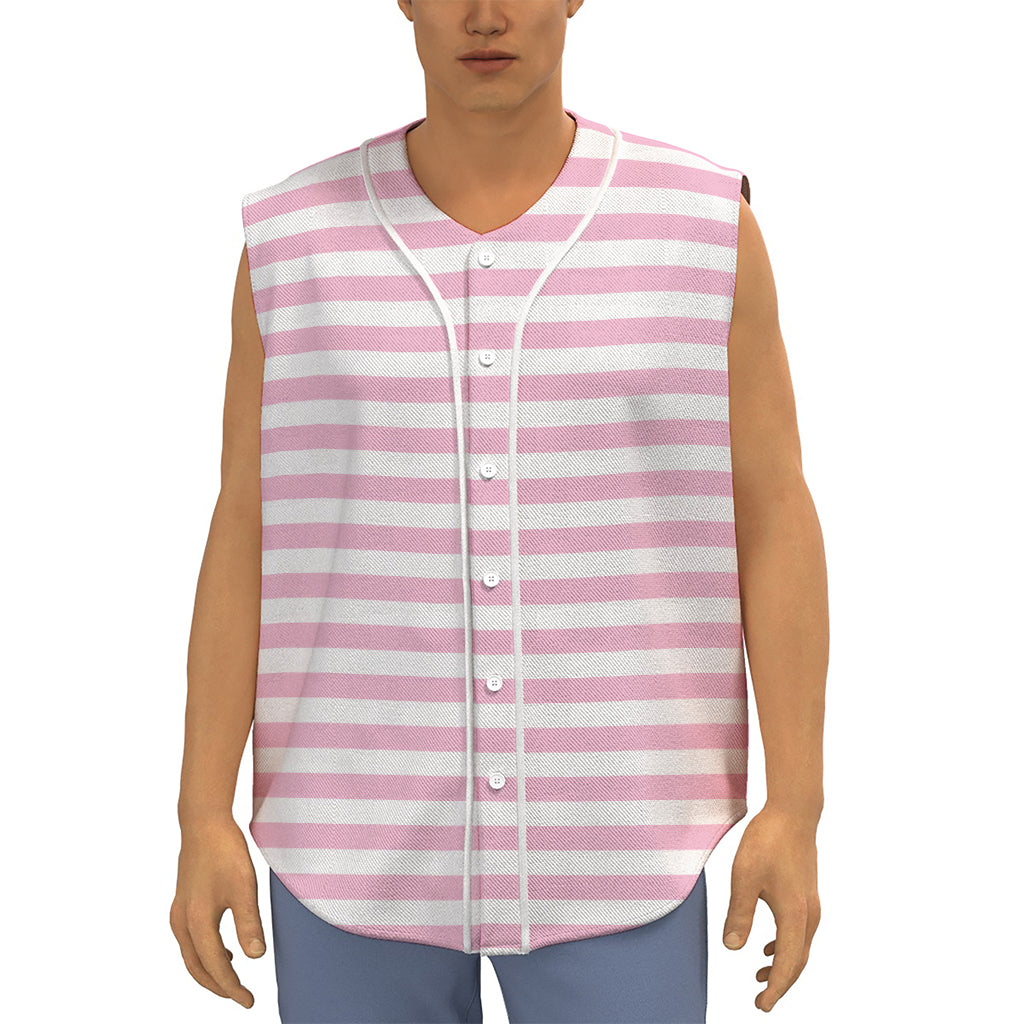 Pink And White Striped Pattern Print Sleeveless Baseball Jersey