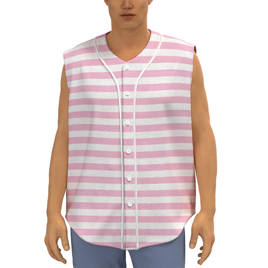 Pink And White Striped Pattern Print Sleeveless Baseball Jersey