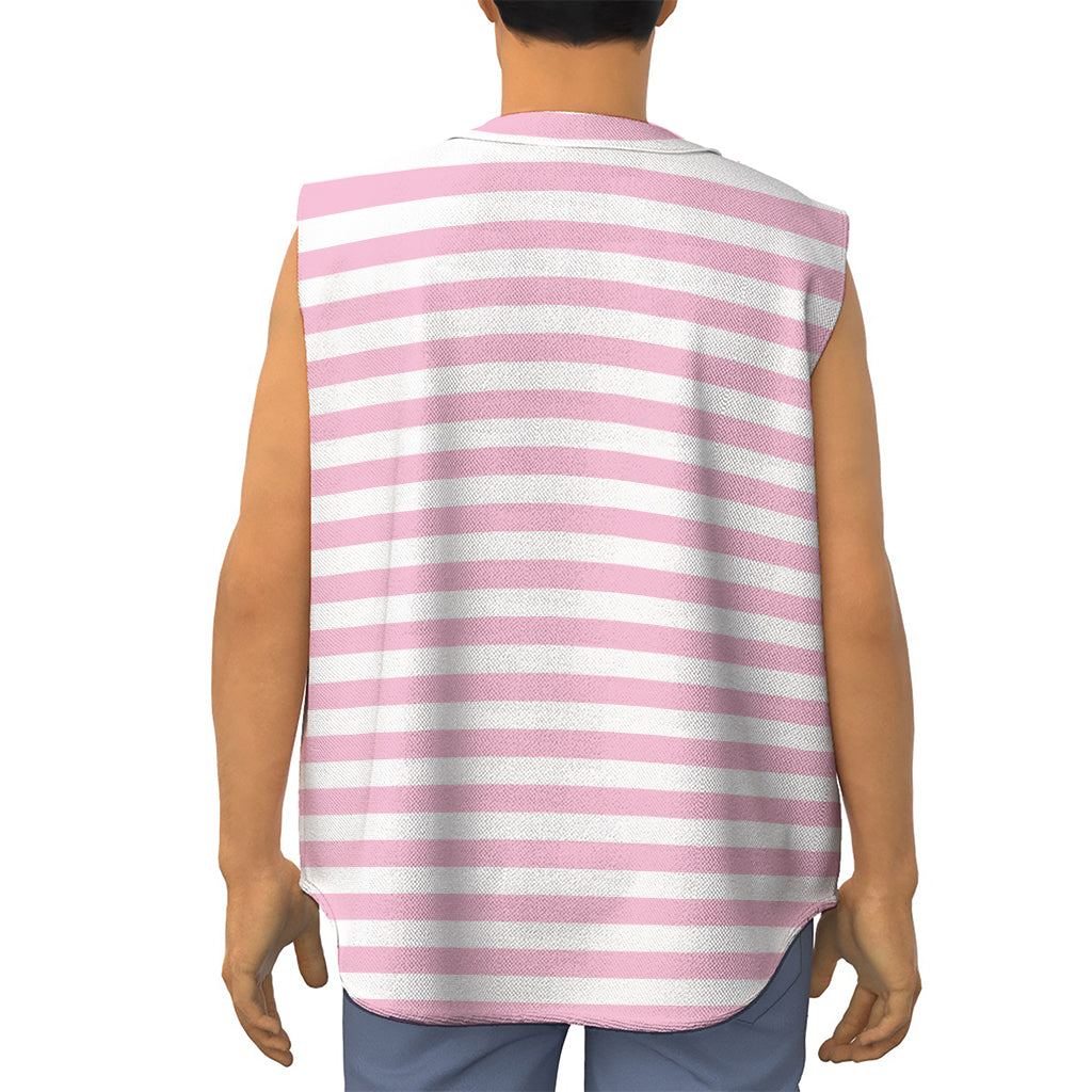 Pink And White Striped Pattern Print Sleeveless Baseball Jersey