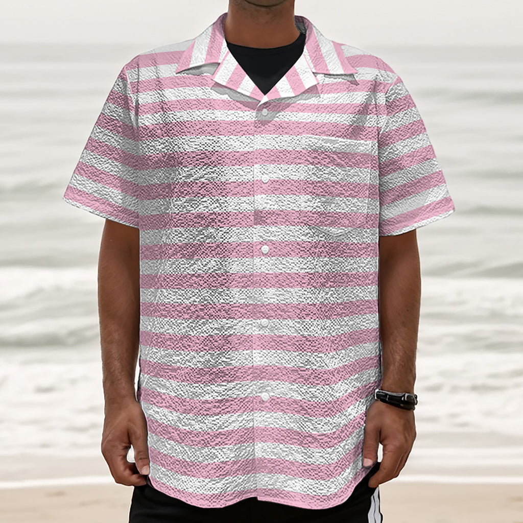 Pink And White Striped Pattern Print Textured Short Sleeve Shirt