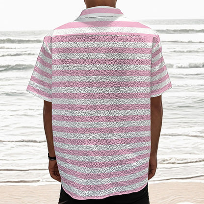 Pink And White Striped Pattern Print Textured Short Sleeve Shirt