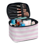 Pink And White Striped Pattern Print Travel Makeup Bag