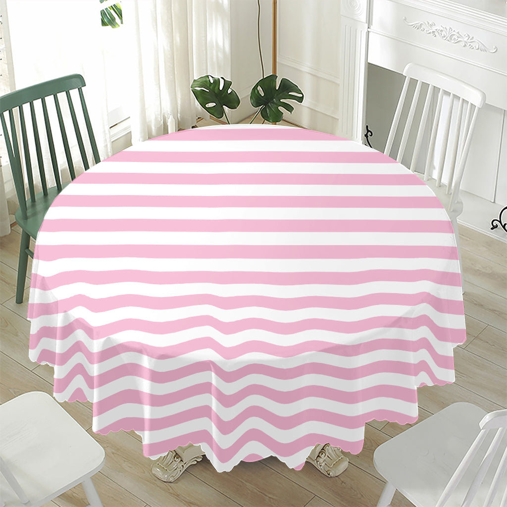 Pink And White Striped Pattern Print Waterproof Round Tablecloth