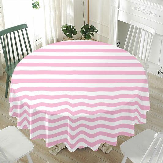 Pink And White Striped Pattern Print Waterproof Round Tablecloth