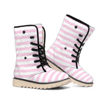 Pink And White Striped Pattern Print Winter Boots