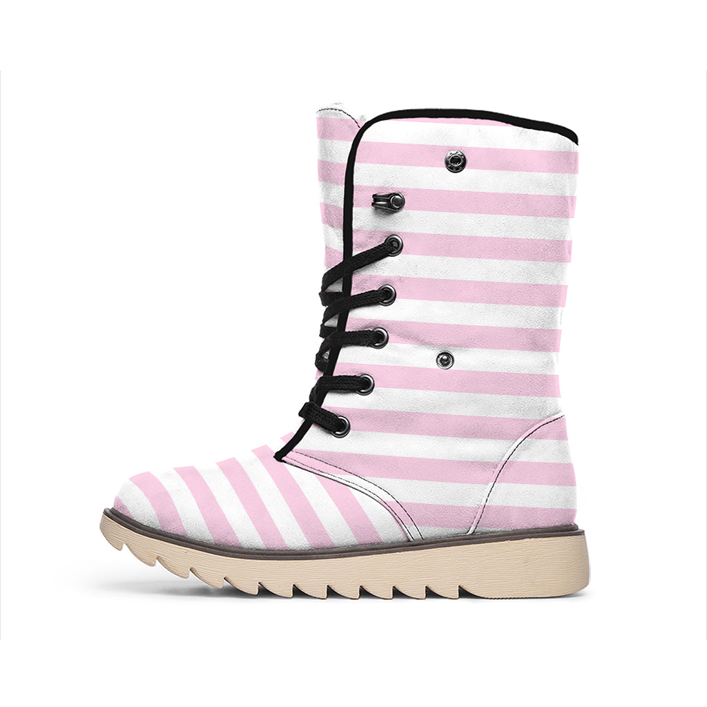Pink And White Striped Pattern Print Winter Boots