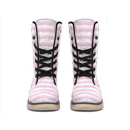 Pink And White Striped Pattern Print Winter Boots