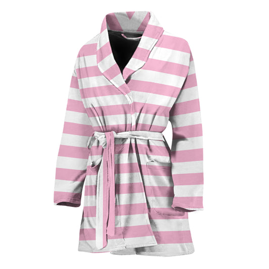Pink And White Striped Pattern Print Women's Bathrobe