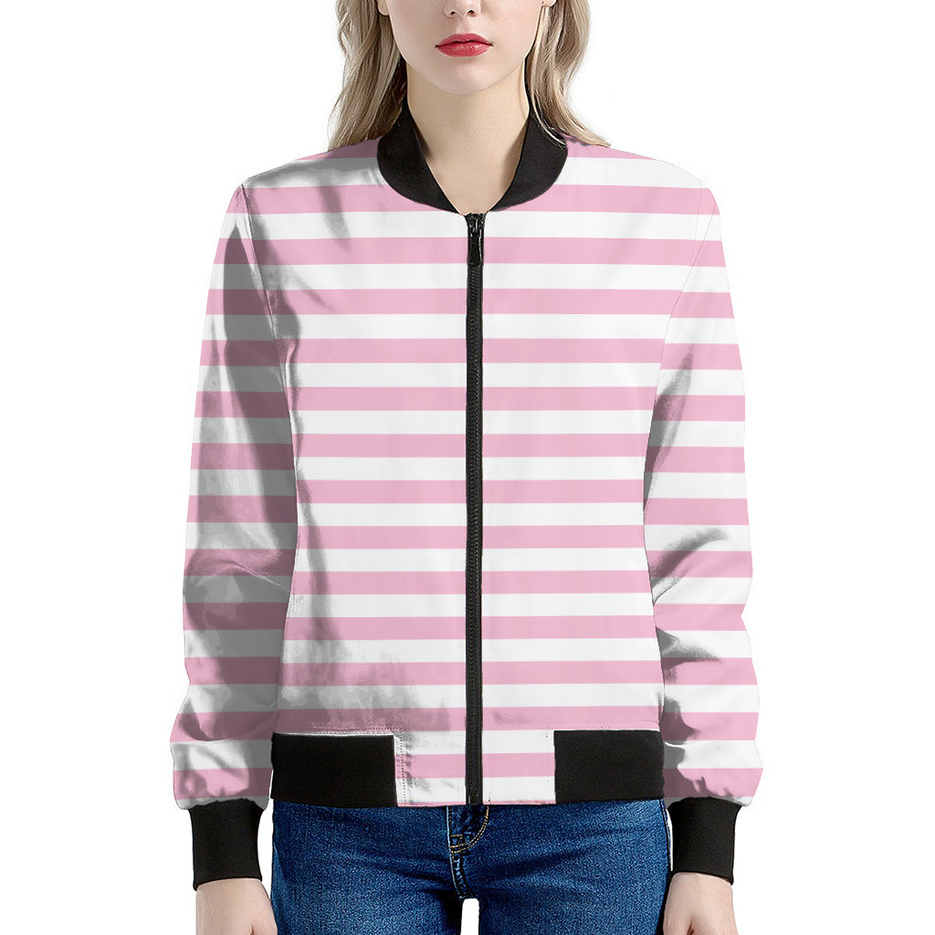 Pink And White Striped Pattern Print Women's Bomber Jacket