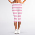 Pink And White Striped Pattern Print Women's Capri Leggings