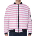 Pink And White Striped Pattern Print Zip Sleeve Bomber Jacket