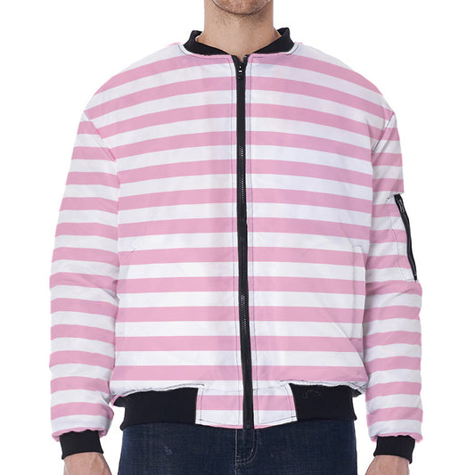 Pink And White Striped Pattern Print Zip Sleeve Bomber Jacket