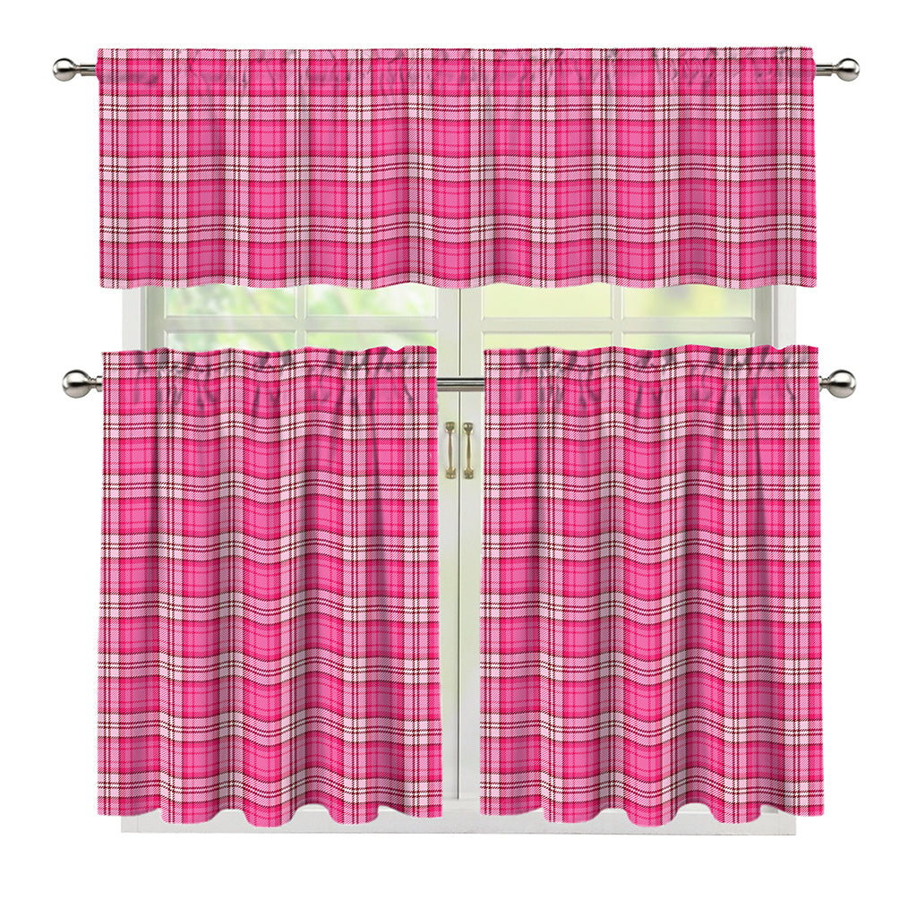 Pink And White Tartan Pattern Print 3 Piece Kitchen Curtains