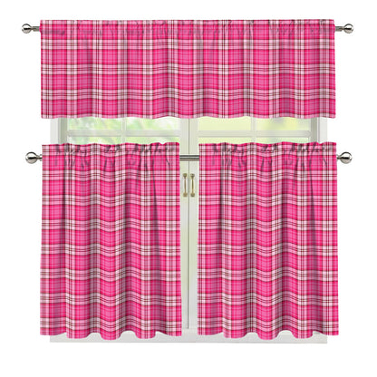 Pink And White Tartan Pattern Print 3 Piece Kitchen Curtains