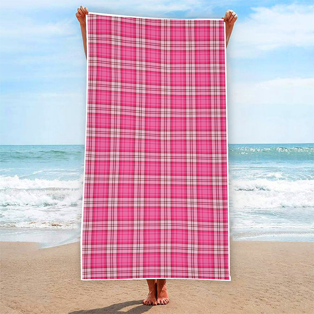 Pink And White Tartan Pattern Print Beach Towel