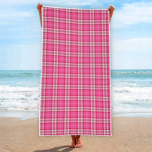 Pink And White Tartan Pattern Print Beach Towel