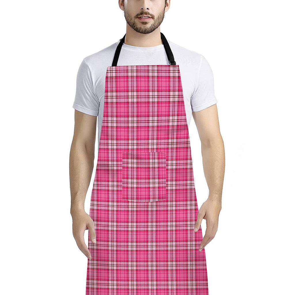 Pink And White Tartan Pattern Print Bib Apron With Pocket