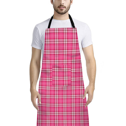 Pink And White Tartan Pattern Print Bib Apron With Pocket