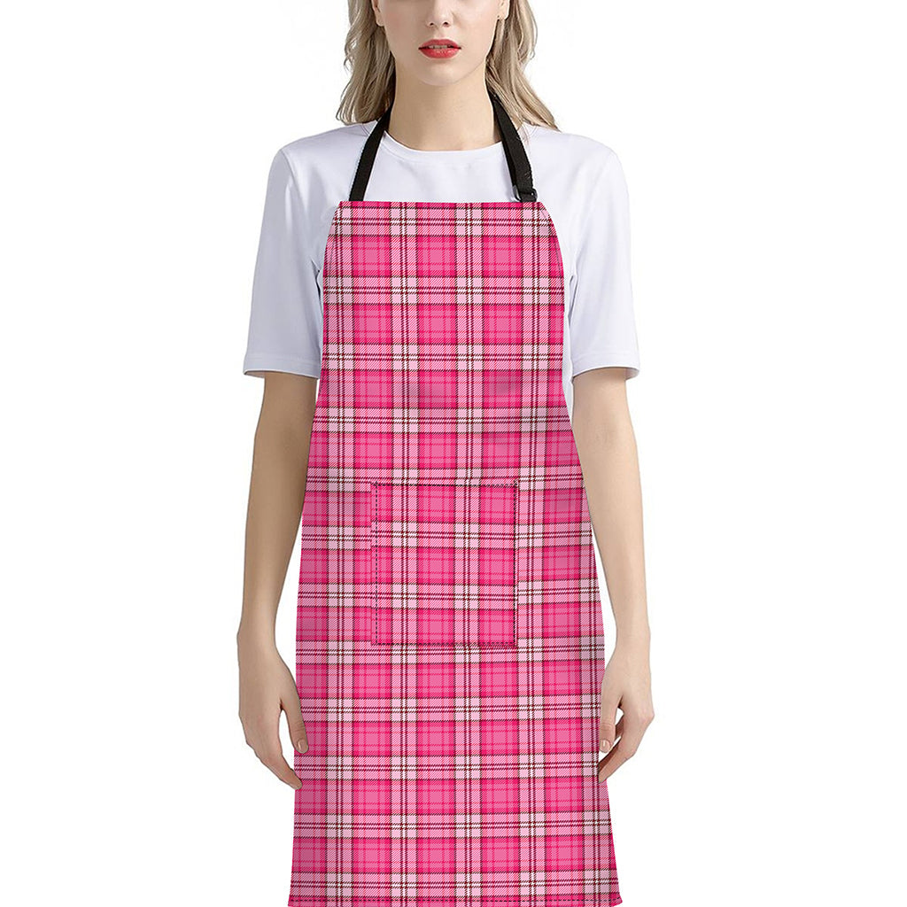Pink And White Tartan Pattern Print Bib Apron With Pocket