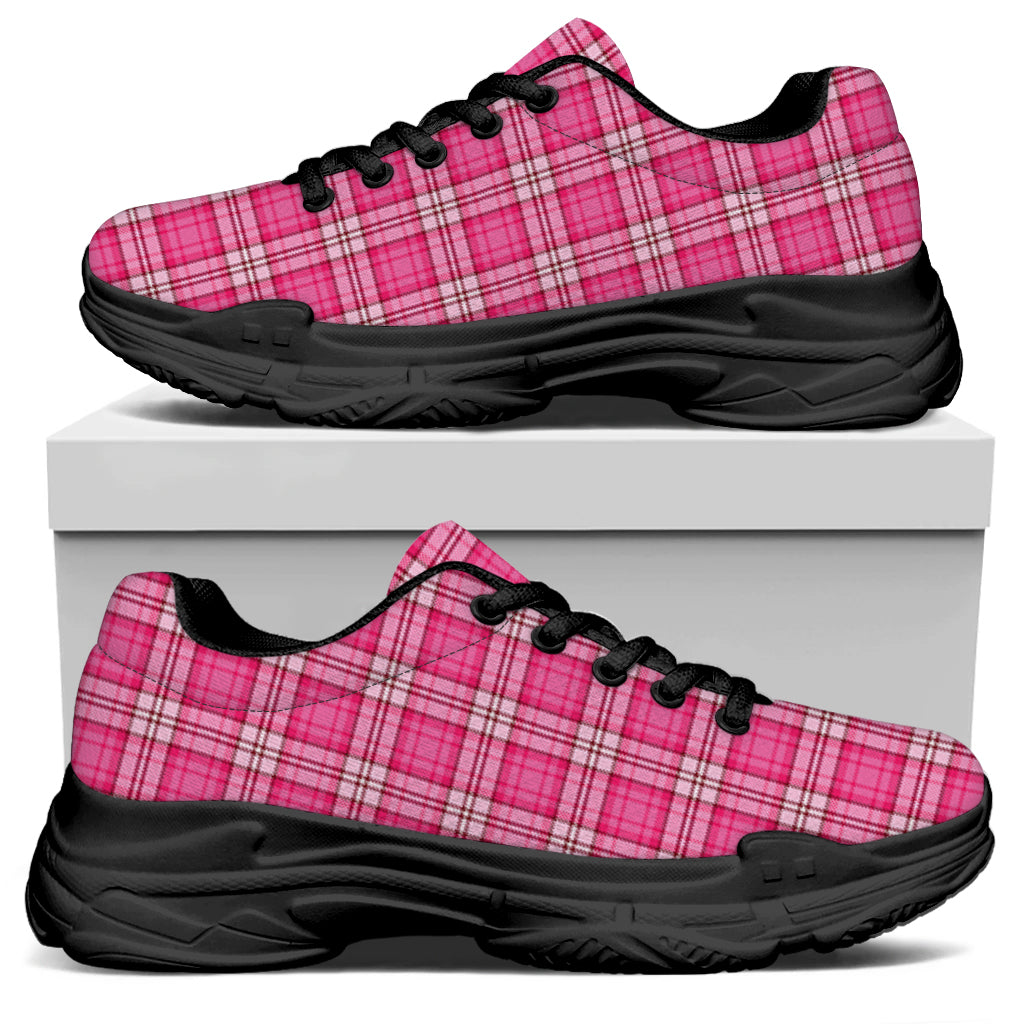 Pink And White Tartan Pattern Print Black Chunky Shoes