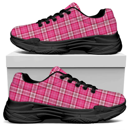 Pink And White Tartan Pattern Print Black Chunky Shoes