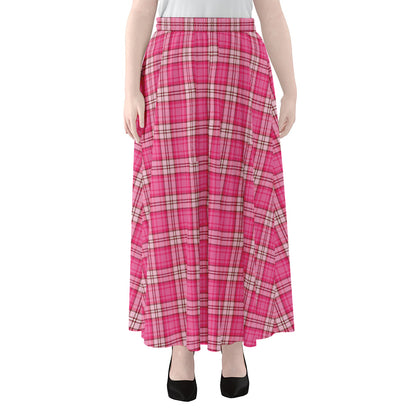 Pink And White Tartan Pattern Print Chiffon Maxi Skirt