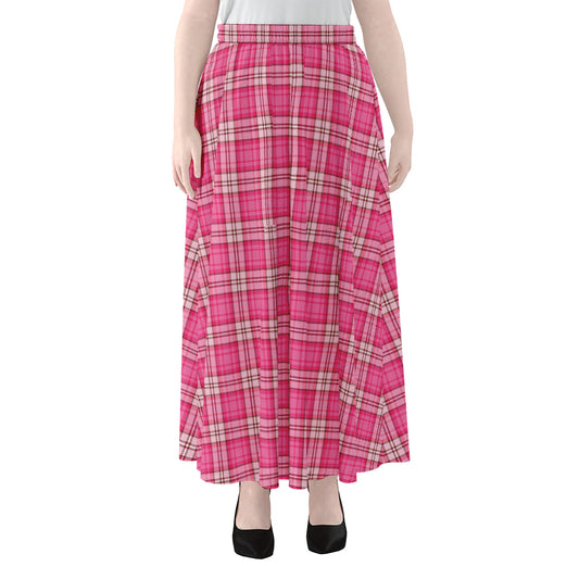 Pink And White Tartan Pattern Print Chiffon Maxi Skirt