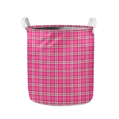 Pink And White Tartan Pattern Print Collapsible Laundry Basket