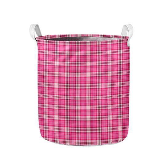 Pink And White Tartan Pattern Print Collapsible Laundry Basket