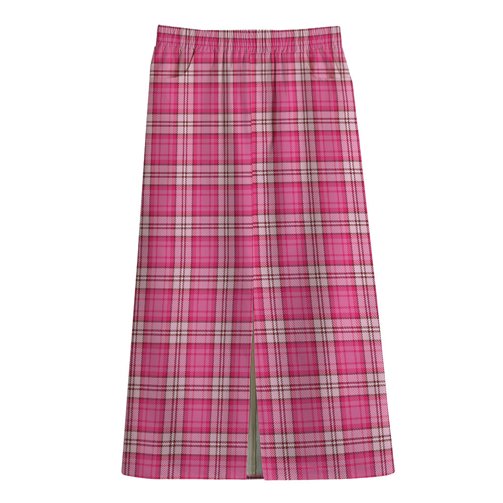 Pink And White Tartan Pattern Print Cotton Front Slit Maxi Skirt