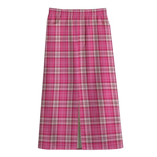 Pink And White Tartan Pattern Print Cotton Front Slit Maxi Skirt