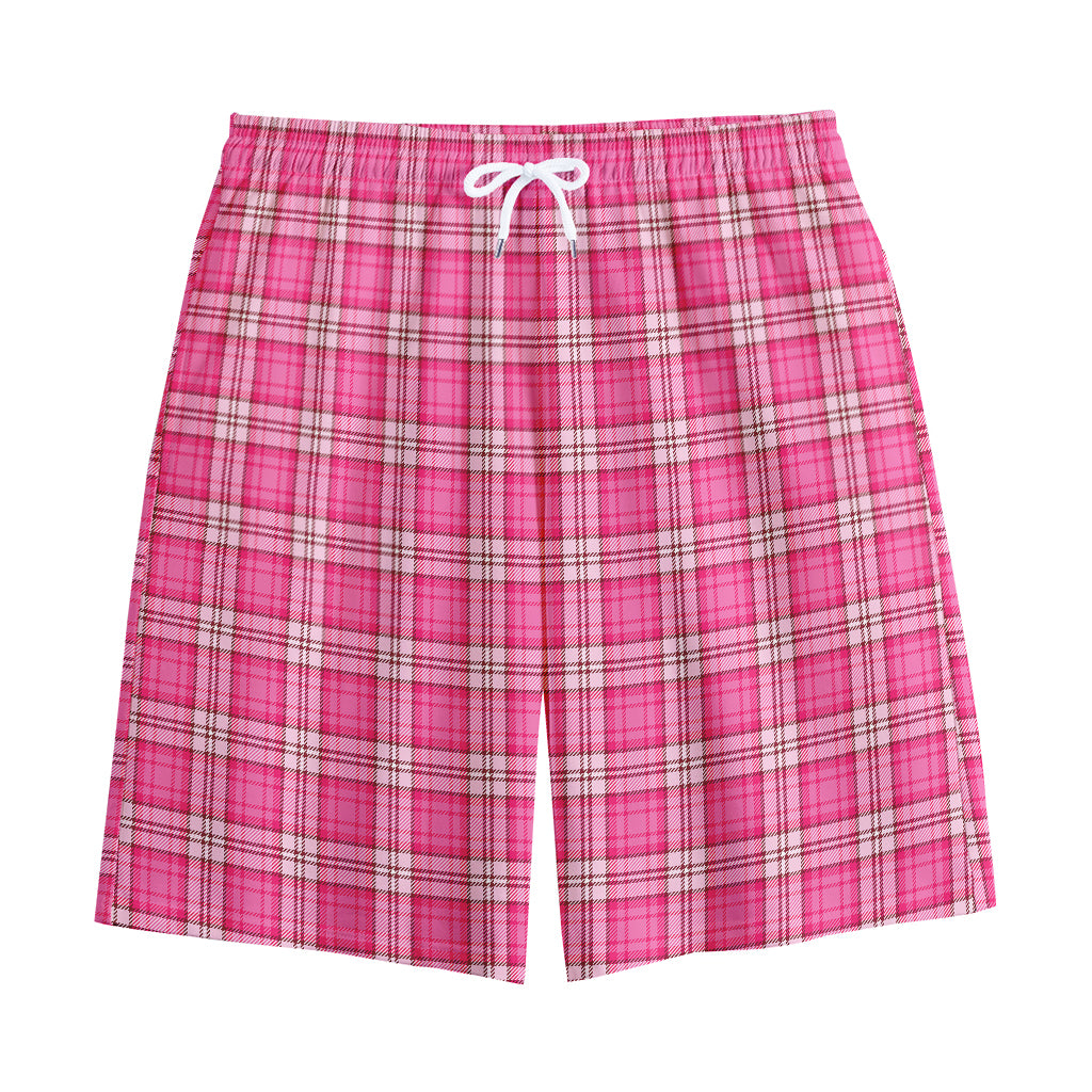 Pink And White Tartan Pattern Print Cotton Shorts