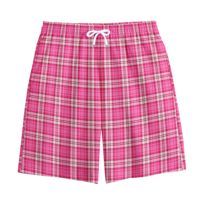 Pink And White Tartan Pattern Print Cotton Shorts