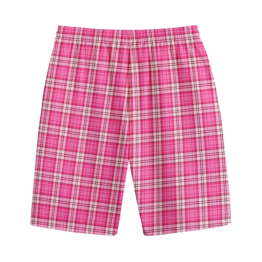 Pink And White Tartan Pattern Print Cotton Shorts