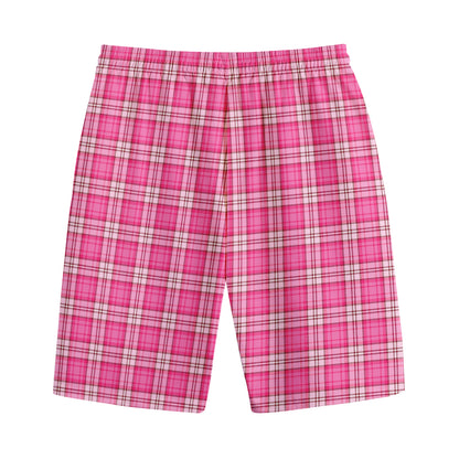Pink And White Tartan Pattern Print Cotton Shorts