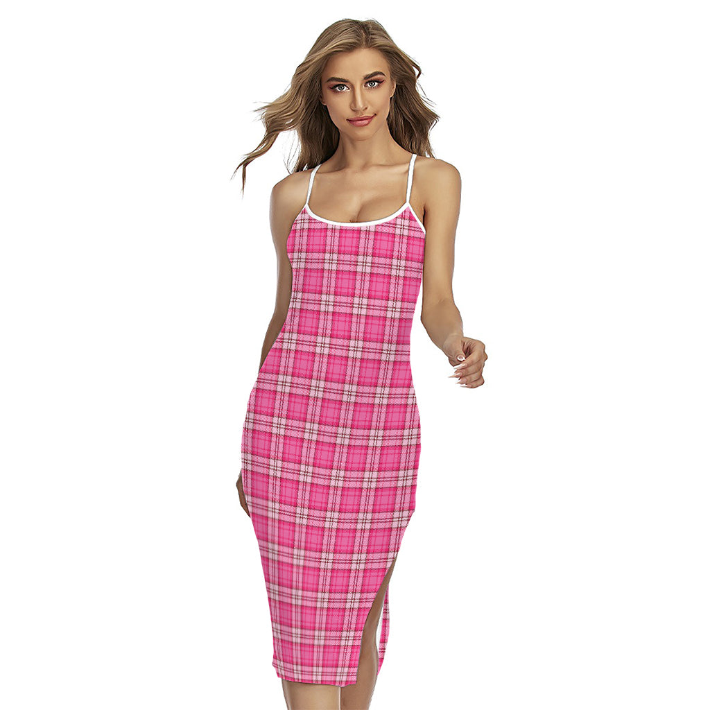 Pink And White Tartan Pattern Print Cross Back Cami Dress