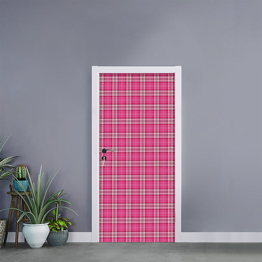 Pink And White Tartan Pattern Print Door Sticker