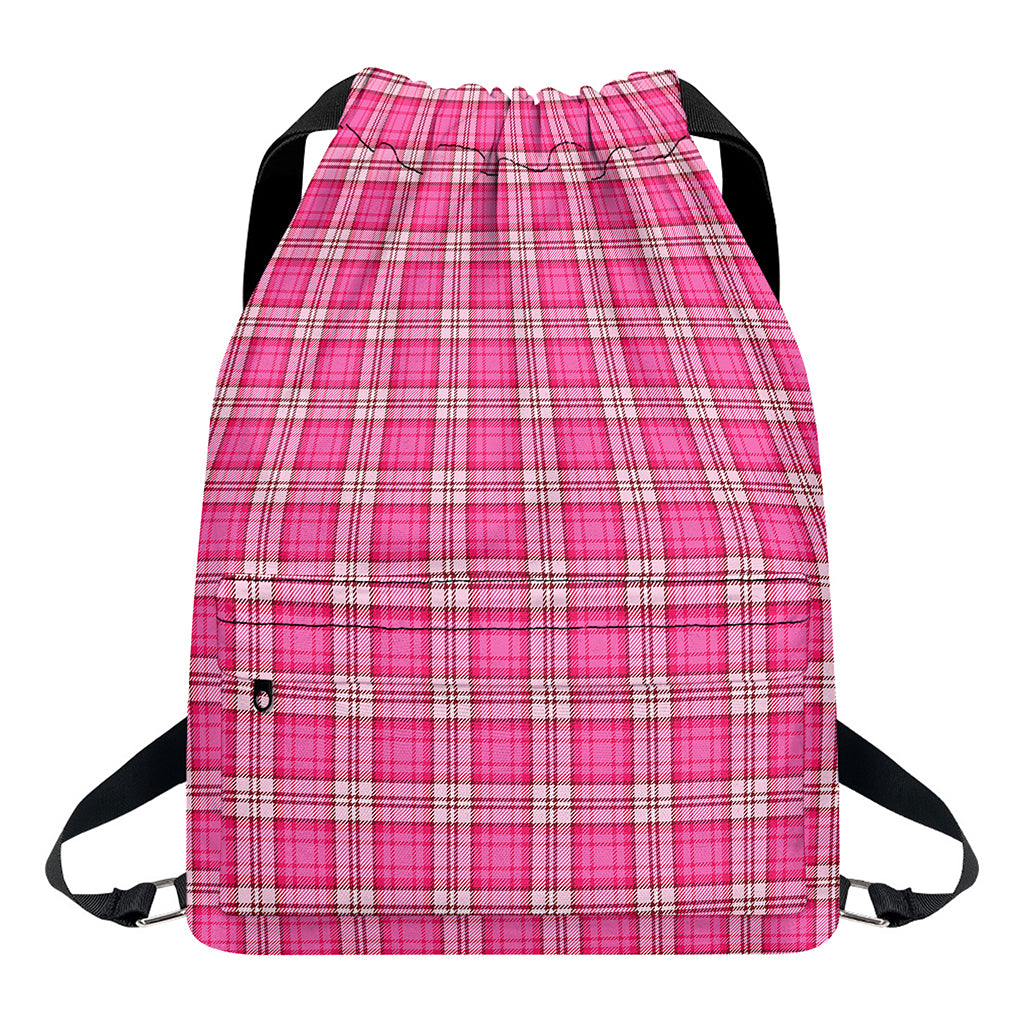 Pink And White Tartan Pattern Print Drawstring Backpack
