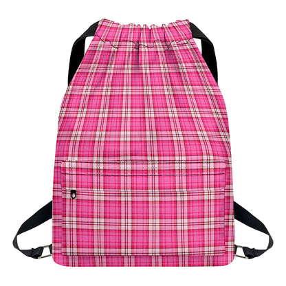 Pink And White Tartan Pattern Print Drawstring Backpack