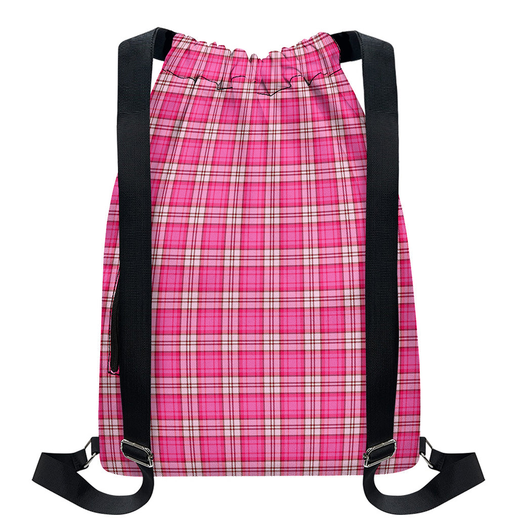 Pink And White Tartan Pattern Print Drawstring Backpack