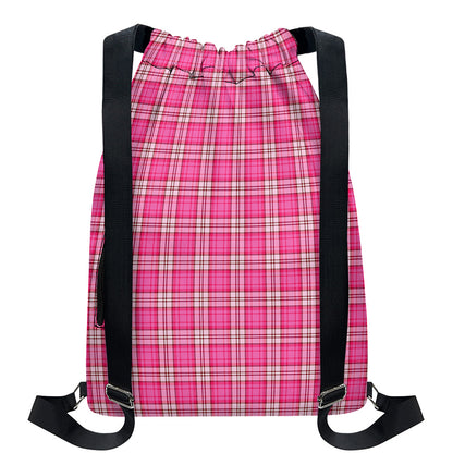 Pink And White Tartan Pattern Print Drawstring Backpack