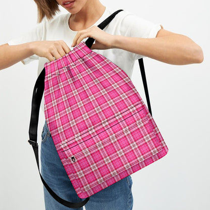 Pink And White Tartan Pattern Print Drawstring Backpack