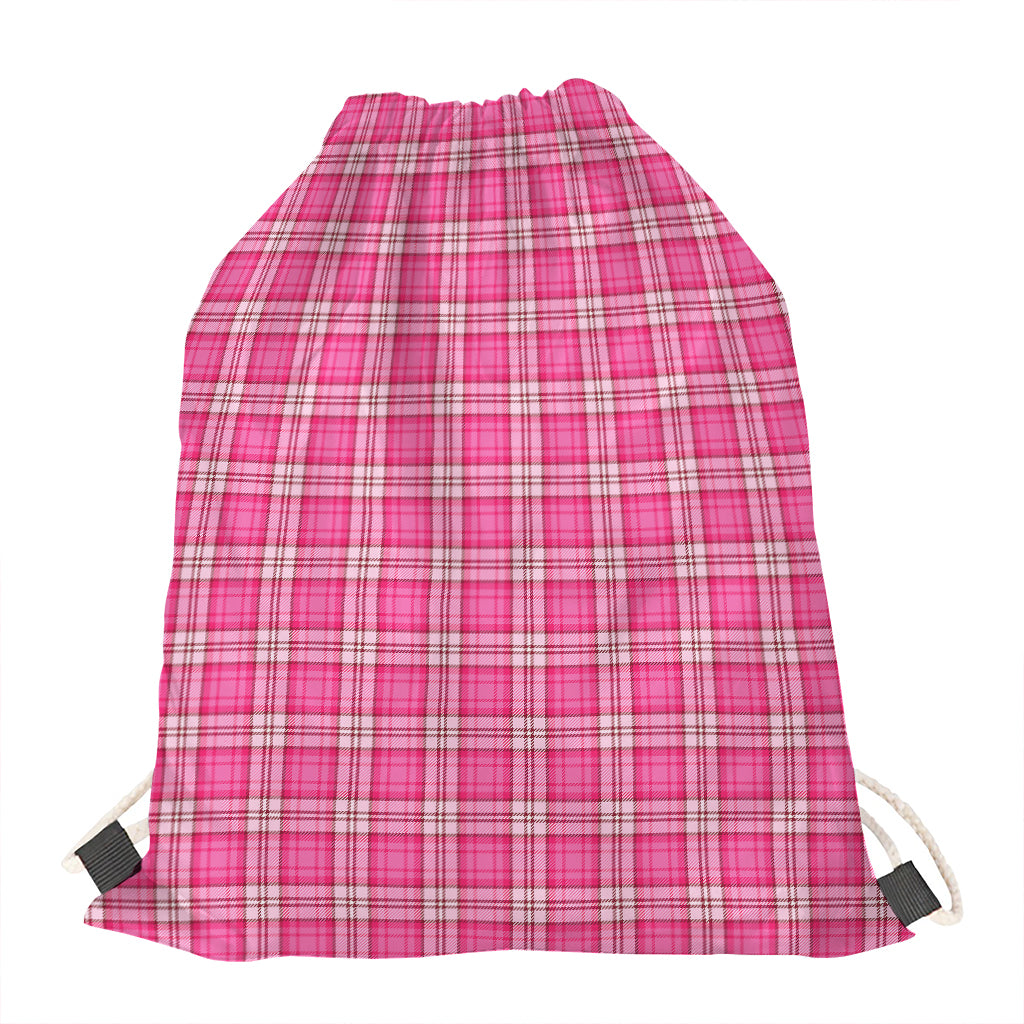 Pink And White Tartan Pattern Print Drawstring Bag