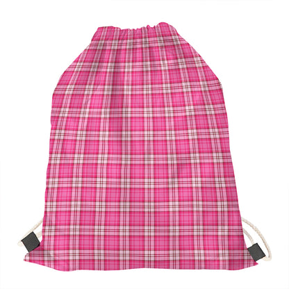 Pink And White Tartan Pattern Print Drawstring Bag
