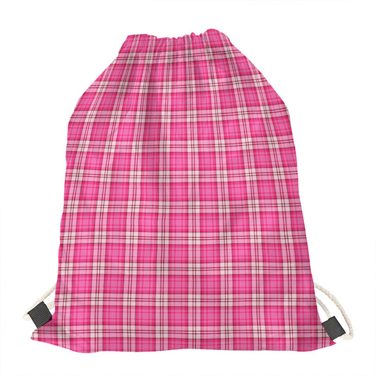 Pink And White Tartan Pattern Print Drawstring Bag