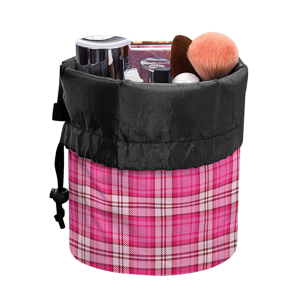 Pink And White Tartan Pattern Print Drawstring Makeup Bag